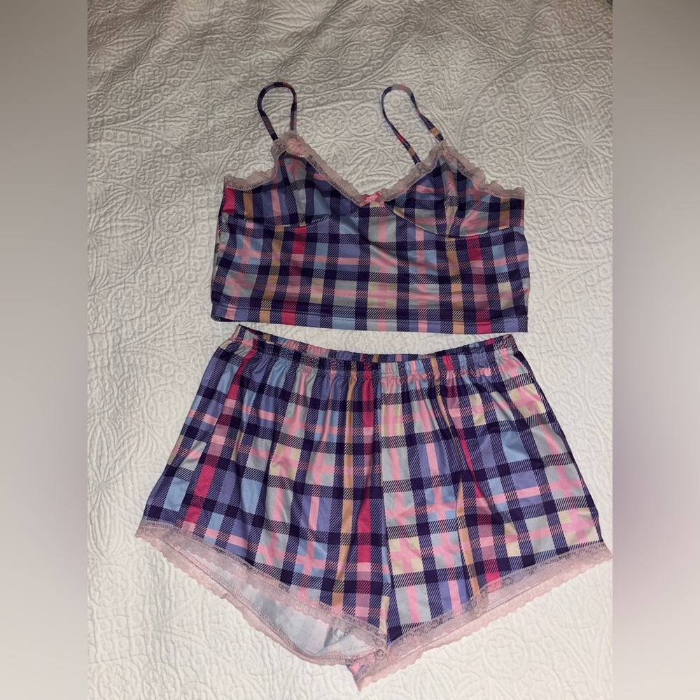 Lace Trim Plaid PJ Set Multicolor / L (8/10)